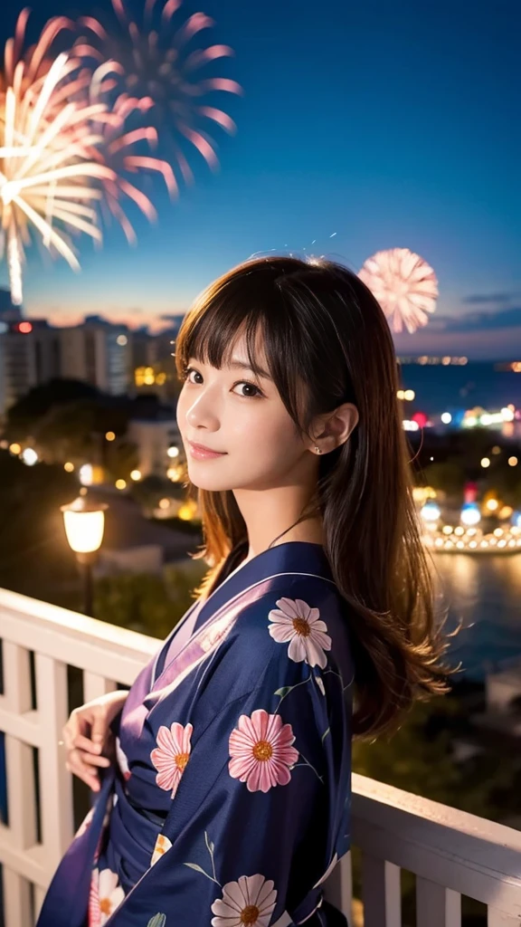 Japanese、Age 25、younger sister、Randomly generated people with diverse facial features and hairstyles々々、Perfect Anatomy,Ocean、balcony、firework、Night Sky、打ち上げfirework、yukata