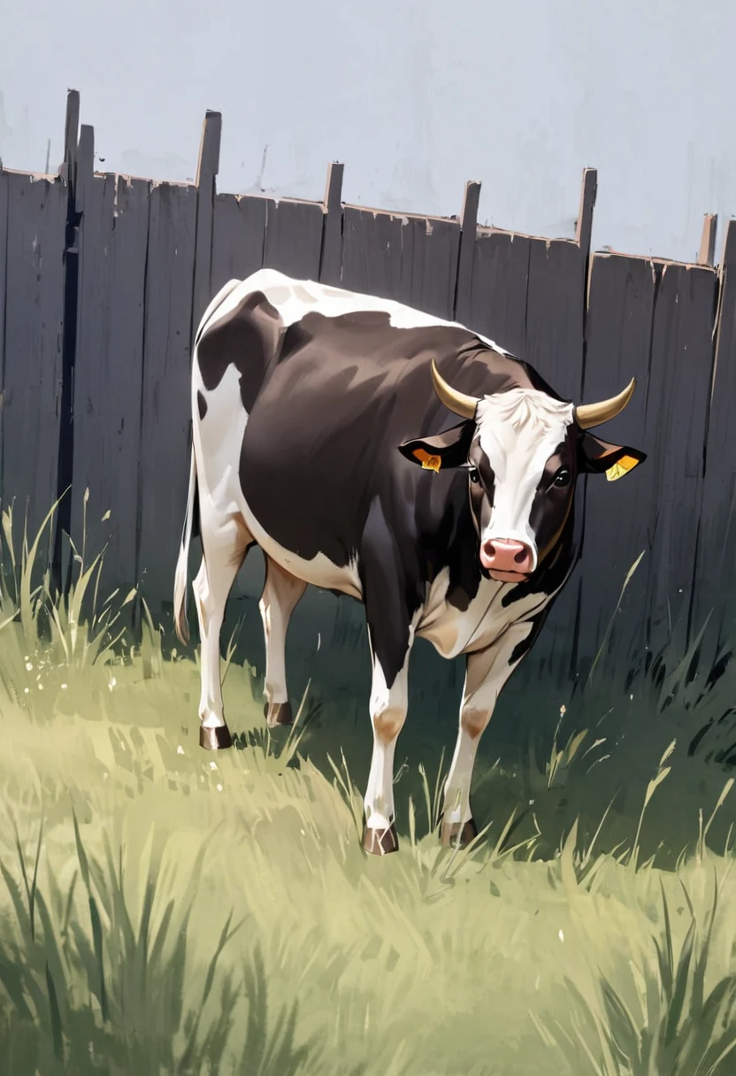Cattle pastures、Dynamic Angle、masterpiece、best quality、ultra-detail、fence、null、grass