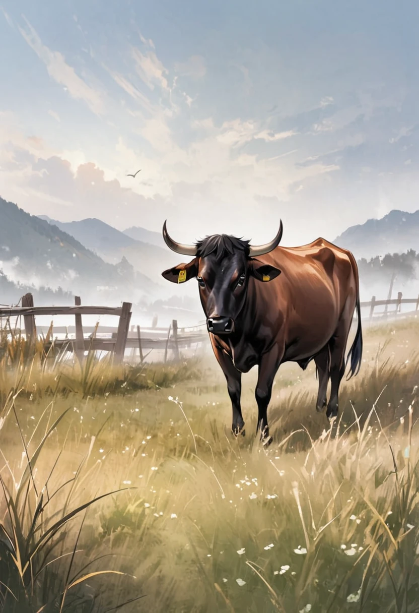Cattle pastures、Dynamic Angle、masterpiece、best quality、ultra-detail、fence、null、grass