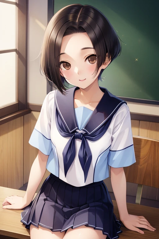 Rinko Kobayakawa、Shiny brown hair, ((Center-parted bangs that expose the forehead、short hair、))、, (Beautiful brown eyes、Sparkling eyes, Fine grain)、smile、Ultra-detailed eyes、Highly detailed face, Highly detailed eyes,

masterpiece, Highest quality, High resolution, 
Short-sleeved white sailor suit、Dark blue neckerchief、Navy blue mini pleated skirt、Very short mini skirt、Bare thighasterpiece, Highest quality, High resolution, hmhy1, short hair, , clavicle, Seraphim, Medium chest, Cowboy Shot, indoor, classroom, Sitting, mechanical, Chair,