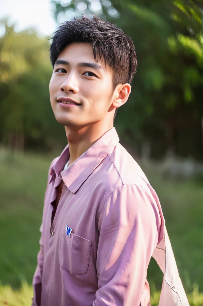 ((Highest quality, 8K, Masterpiece: 1.3))、Thailand Laos Burma Asia, Thai man, A handsome Asian rugby player with short hair, a muscular beard, and big muscles., 1A man who has、 yo、Good appearance、Beautiful nose、smile、 Detailed eyes and face、beautiful light、(studio)、high resolution、(Look at the viewer.)、Fine mouth、smile、whole body: 1.5, perfect shape: 1.3, looking at camera ,Pink button-up shirt, bedroom sunlight looking at the field