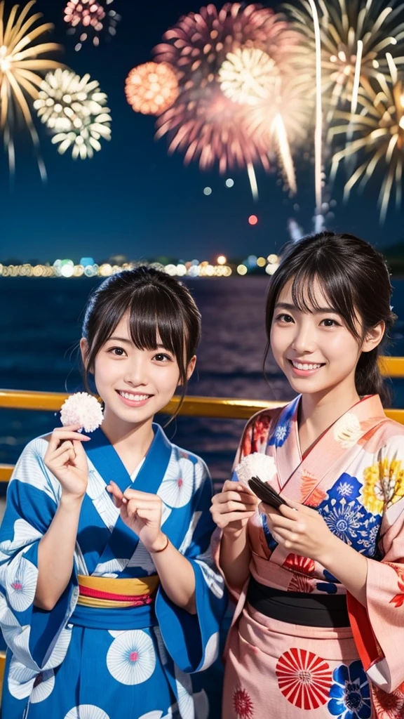 Japanese、Age 25、younger sister、Randomly generated people with diverse facial features and hairstyles々々、Perfect Anatomy,Ocean、Beach、firework、Night Sky、打ち上げfirework、yukata、Great smile