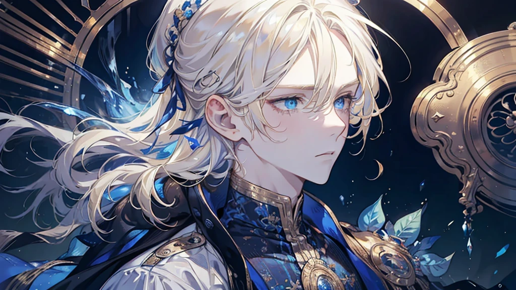 (masterpiece, Absurd, High resolution, Super detailed), 1 person, Wavy blonde hair, Adult, blue eyes, ponytail, Male Focus,Handsome face, Casual clothing, Charm, Lovely, Detailed eyes and face,