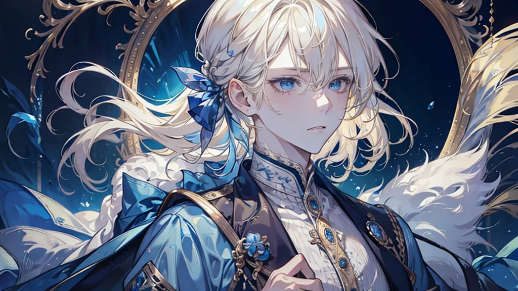 (masterpiece, Absurd, High resolution, Super detailed), 1 person, Wavy blonde hair, Adult, blue eyes, ponytail, Male Focus,Handsome face, Casual clothing, Charm, Lovely, Detailed eyes and face,