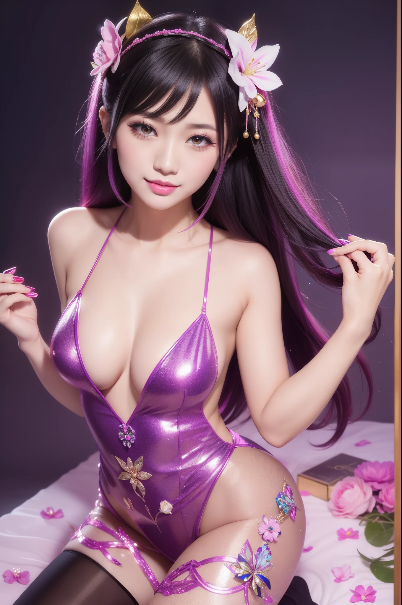 sexy Japanese model who controls poison、beautiful smile、lip-gloss、long lashes、bold lipstick、colorful metallic makeup、look at the camera、full body Esbian、、sparkling poisoned flower costume、、、、sparkling Colorful hair、secrete poison、skull hair accessories、sexy tights、shiny sparkling flowers background