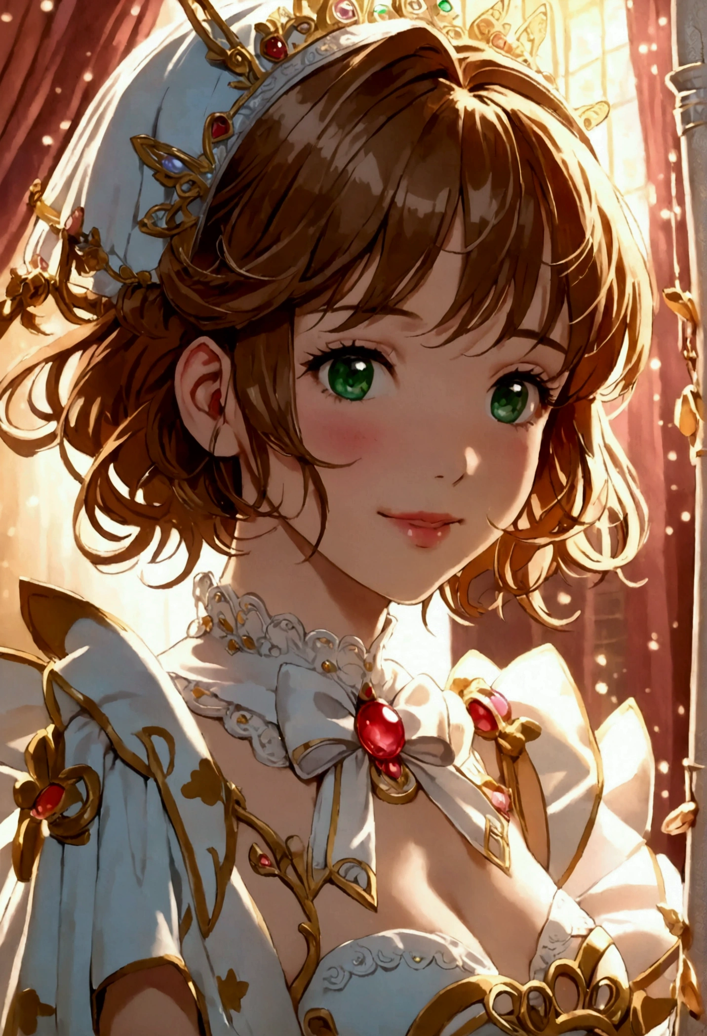 ((greatest masterpiece, ultimate quality, ultra-detailed, movie lighting, perfectly sensual:1.5, pov:1.5, 🔞:1.5)), 1girl, super fine illustration,extremely delicate and beautiful, 8K, Sakura Kinomoto\(Cardcaptor Sakura\), chestnut brown hair, short hair, emerald green eyes, perfectly sensual mini magical girl outfit, staff, excitement, heart eyes, cheerful smile, delicate features, magical scene, flustered face, background sparkles, blushing cheeks, bow :d different poses,