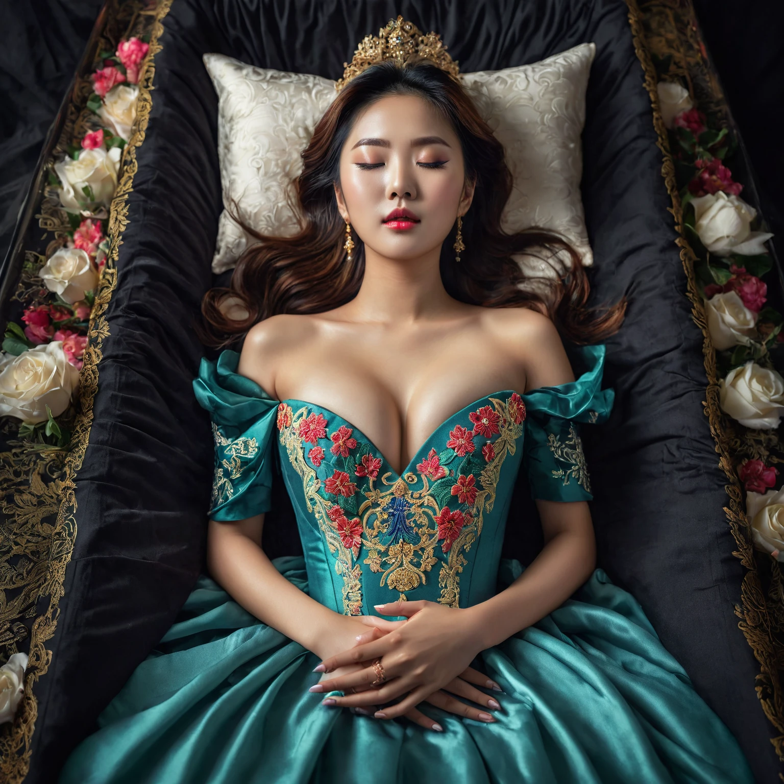 In a striking 8K HDR scene, a stunning Korean woman, 22 years old, lies peacefully in a black coffin surrounded by plush pillows. The deep box is set against a rich black background, accentuating the beauty of the subject. Her exquisite kebaya attire is embroidered with superb detail, showcasing her round and firm breasts, perfect cleavage, and beautiful eyebrows. Her closed eyes and mouth give an air of serenity, while her visible and absolute cleavage leave nothing to imagination. The scene is bathed in saturated colors, highlighting every intricate aspect from the ball skirt to her clean face, straight body, detailed hand perfect hands, straight body, own hands together, own hand on stomach, detailed hands, perfect hands.