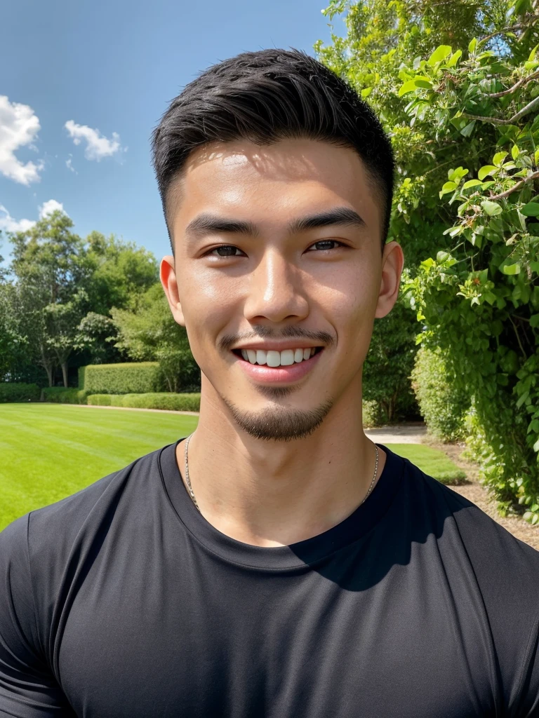 Tony Labrusca, (As a matter of fact, Masterpiece, 8k HD, good light quality, sportswear, fit the face, complicated details), A handsome, muscular young Korean man. , 20 years old, be happy, smile brightly, detailed face, delicate eyes, มองดูsky, Wear a navy tight T-shirt.:1.6, period, black eyes, Black hair color, ผมsmooth, smooth, outdoor sports, Along the garden, Sunny,sky,Surreal,Awesome details,Highest quality,real,Open your mouth to talk. , Close your eyes.