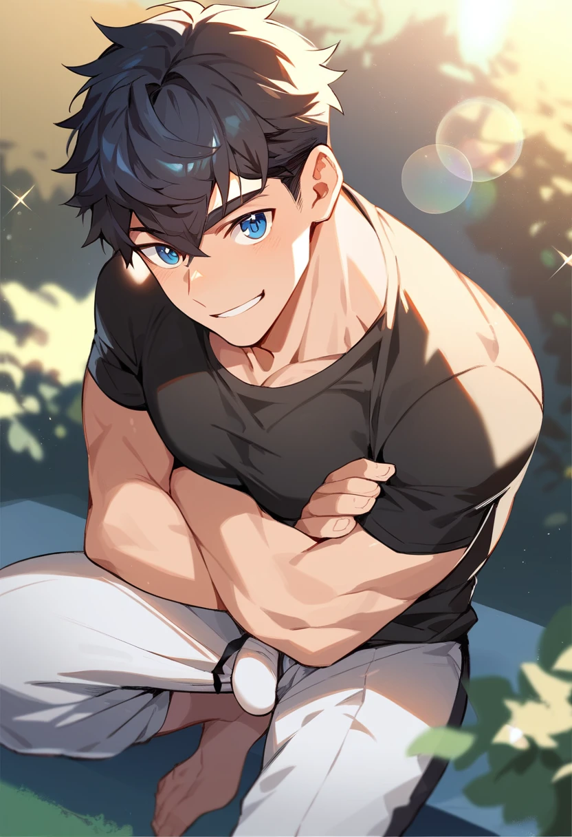1boy, smile, male focus, toned male, tall male, toned, pectorals, black t-shirt, lens flare, solo, looking at viewer, black hair, blue eyes, short hair, crossed arms, simple background, best quality, amazing quality, best aesthetic, absurdres, muscular, full body, erection, penis out of pants