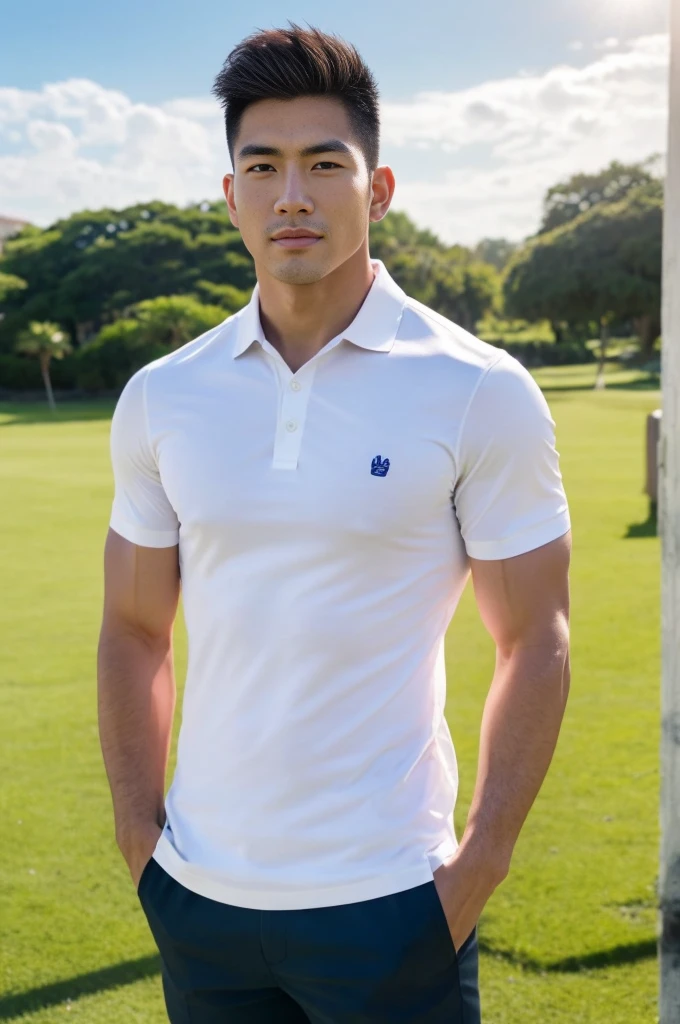 A handsome, muscular, Asian man looks at the camera. In a simple white polo shirt , Fieldside, grass, beach, sunlight