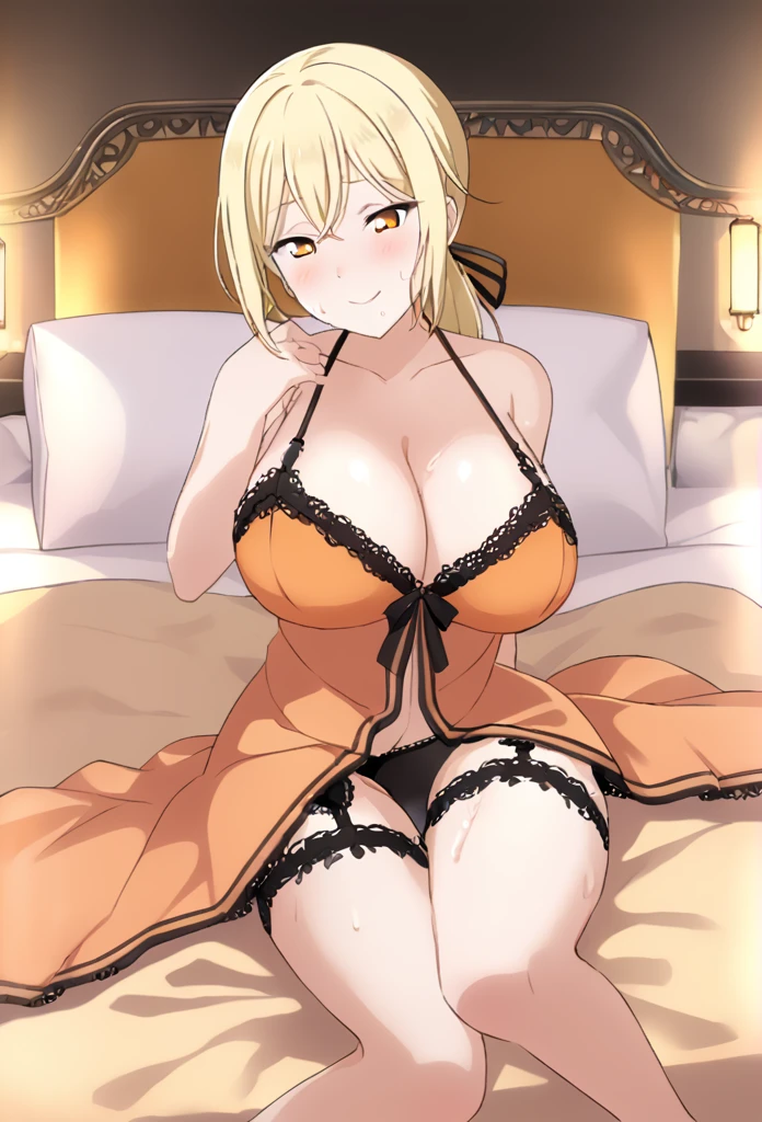 Ai Miyashita Blonde Orange eyes Medium Long Bob ponytail Orange nightgown Black garter belt Love Hotel smile Huge breasts Cleavage Room lighting night Sweaty Seduce Lying in bed