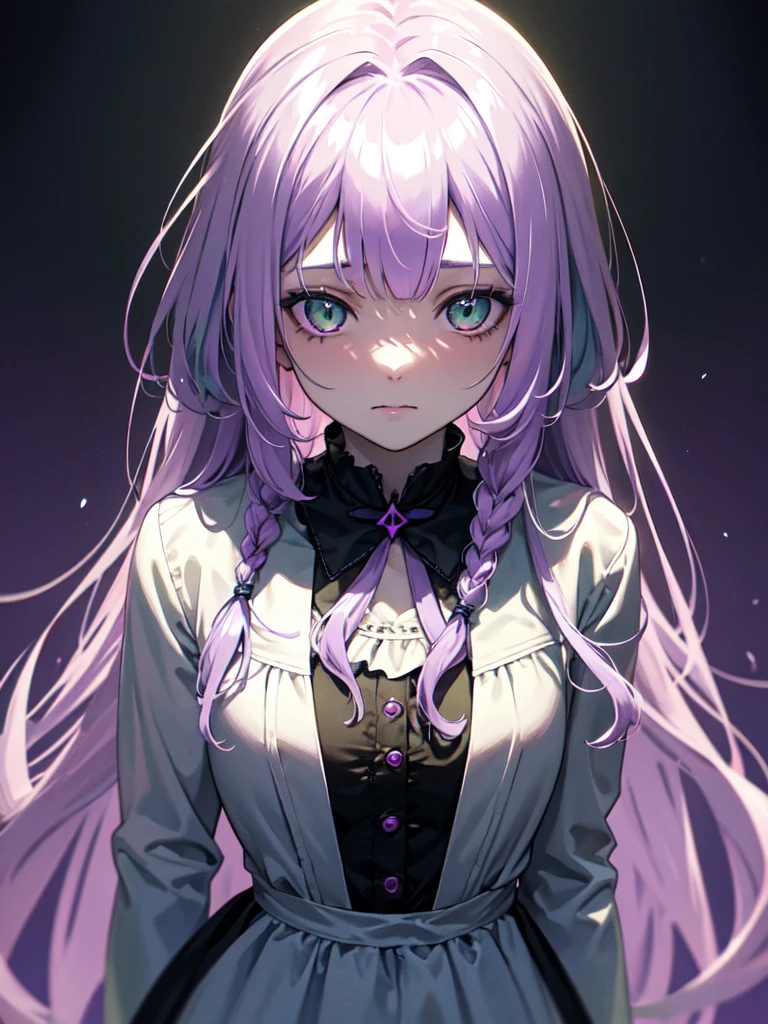 Full bangs, Gradient braided hair, (Light purple hair), (Ink blotches:1.1), (pale:1.2),(Light purple:1.2),(Light green:1.2)　and full body, Artistic elements add depth to the work. The overall atmosphere is creepy and nightmarish..., With a unique artistic touch. This movie is、The dark and crazy world of horror movies depicted in HD., Evoke visual stimuli and aesthetic sense, It will terrify and excite the audience....,watercolor画, （Lightless, Eyes without highlights, Evil Eye, A bad looking person with white eyes, It&#39;s a red eyeliner）,whole body絵, Wearing a maid outfit and （Mature face,tall, Wearing black tights,Green Eyes, The skin is hidden　and maid, The background is a dark and desolate landscape, Horror movie atmosphere. Her figure is extremely beautiful, Emphasizing the dark and crazy elements. Skillfully expressing the effects of light and shadow, detailed, The face and expression of the black costume are also carefully drawn...,sketch (Character design sheet, same characters, whole body, Three-View, front, ~ ~ ~ side, return) and 1 female, Nervous,Cowboy Shot,,(Very bright:1.1), White Background, [1 Girl:7], (Tilt your head:1.2), ([sketch|watercolor \(Moderate\)]:1.15),Chaotic Abstract