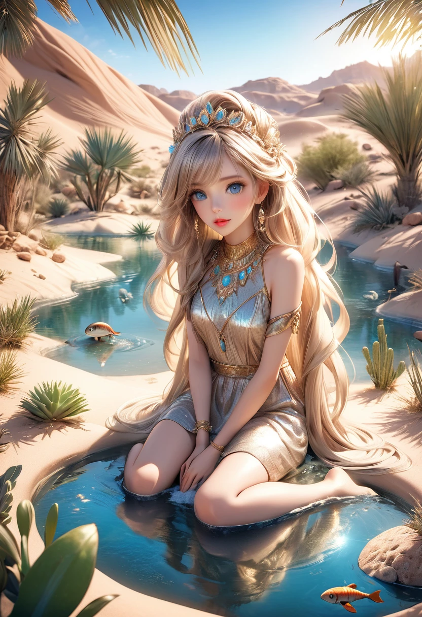 a cute desert princess, sitting down in a small oasis in the desert, washing the hair with both hands:1.5, desert creatures watching around her, detailed face, beautiful eyes, long eyelashes, detailed lips, intricate jewelry, flowing hair, shimmering water, lush desert foliage, warm desert lighting, desert and oasis landscape back ground, soft pastel colors, cinematic composition, photorealistic, 8k, high quality, digital art