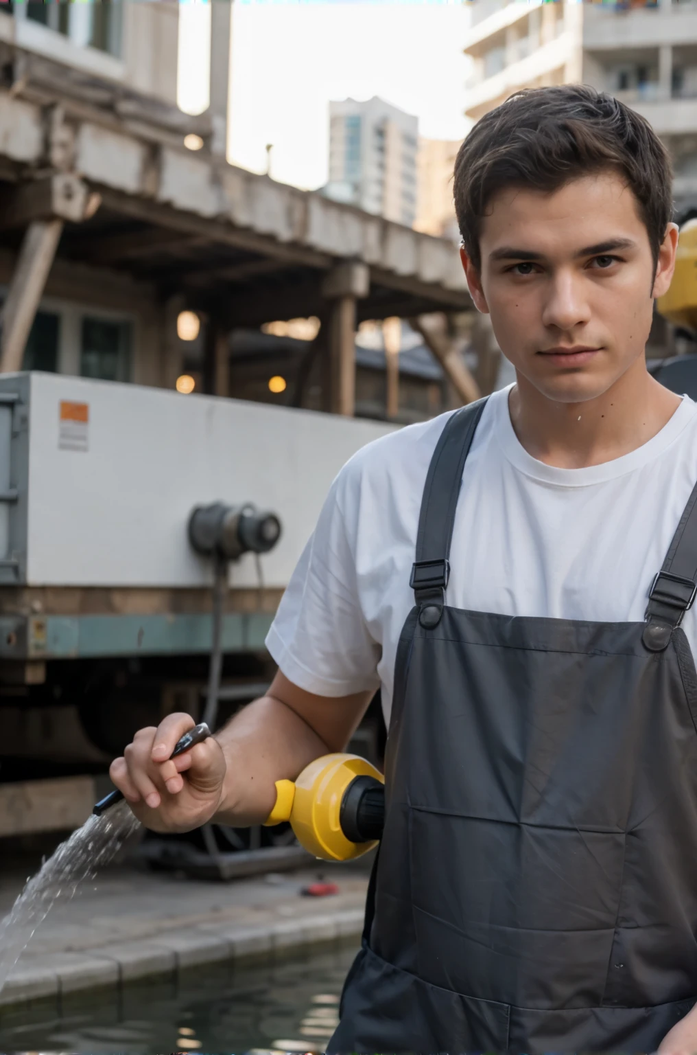 arafed man in overalls holding a hose and spraying water, working clothes, artist wearing overalls, wearing plumber uniform, overalls, wearing overalls, work clothes, wearing dirty overalls, yellow overall, photo taken in 2 0 2 0, mid shot portrait, blue overalls, very professional, model is wearing techtical vest, portrait shot, basic photo