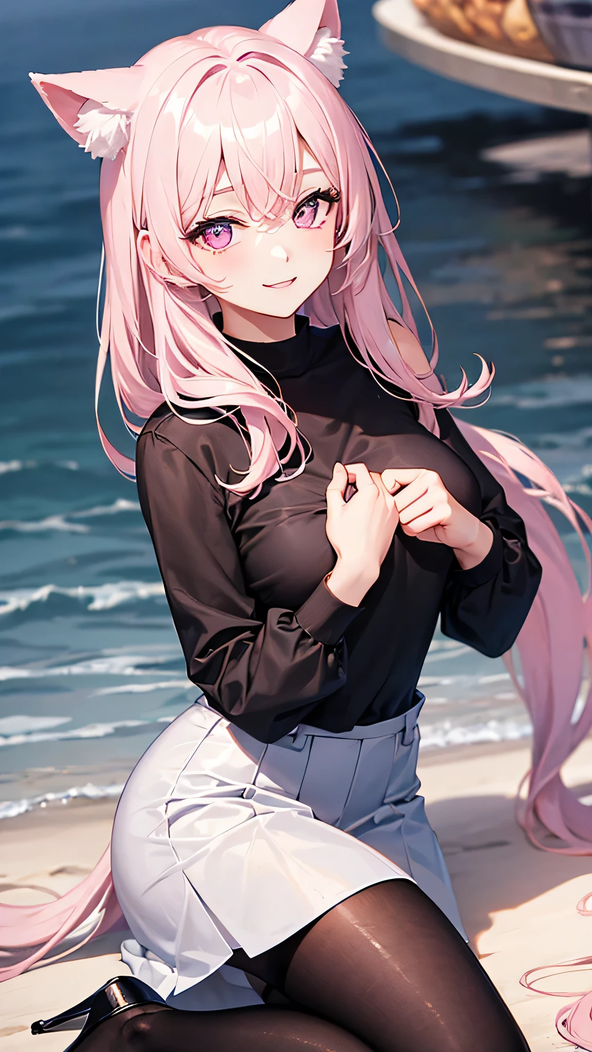 masterpiece,highest quality,Highly detailed face,fine grain,Waterfront,bubble,Sparkling eyes,Highlighted eyes,Center of chest,pretty girl,smile,Cat ear,Beautiful silver hair,Pink inside,Beautiful pink eyes,Oversized shirt、skirt、black tights