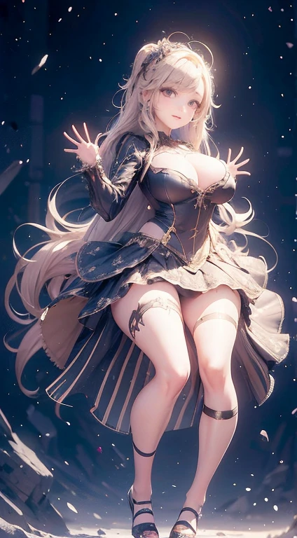 Girls wear skirts，it's a perfect face，seminu,Willow waist,(real, realistically), (depth of fields),striped hair,thick thight,view the viewer , insanely details, Complicated Details, skeleton costume,(Lop), Lower chest skeleton costume,Shiny holographic skeleton costume:1.1 , Big breasts sag,hair blonde,Redlip ,see-through skirt，(((8K，winning art，dynamic poses)))，