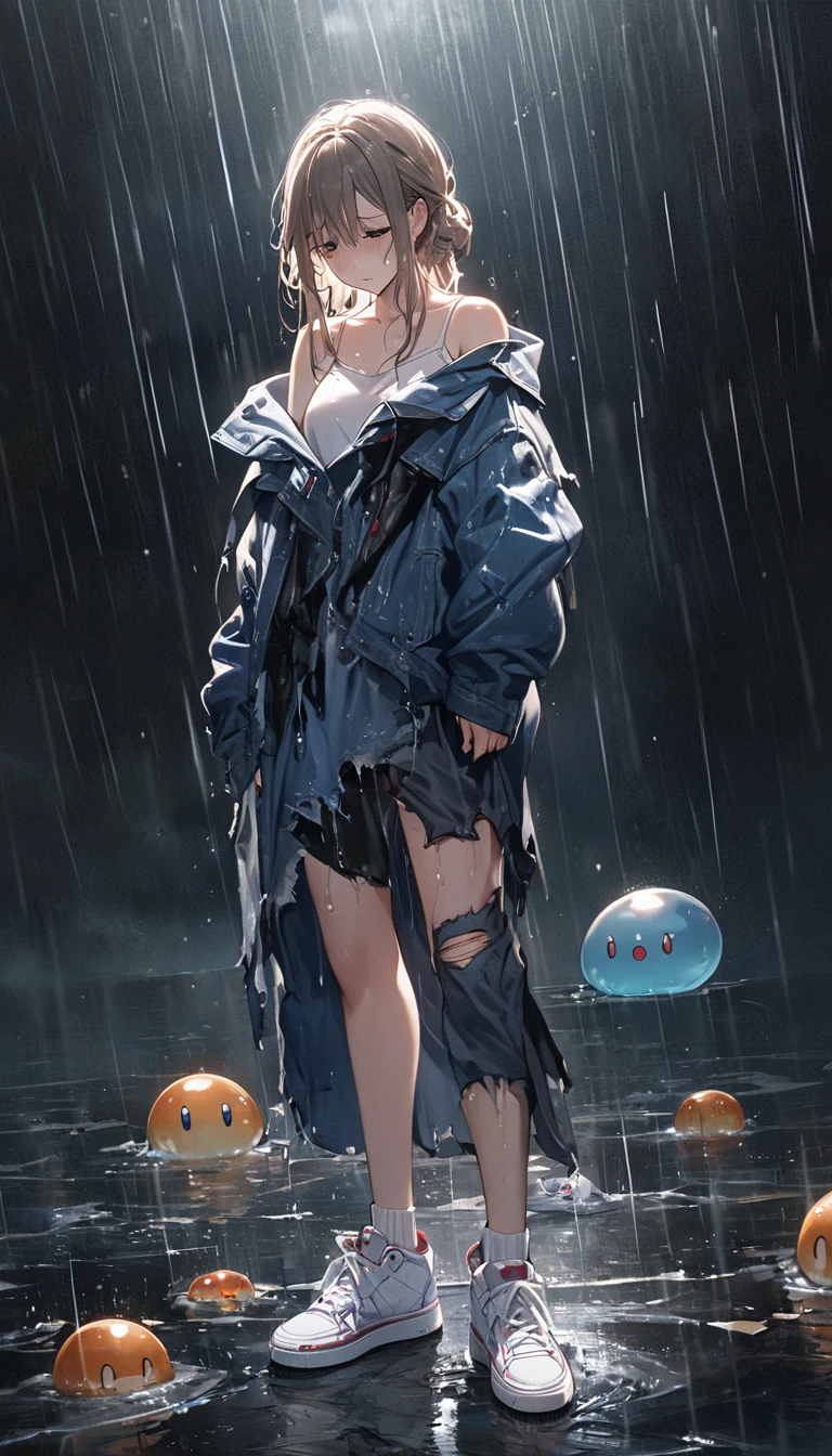 Best image quality, masterpiece, Ultra-high resolution, (Faithfulness:1.4), photograph, 1 Girl, Melted clothes, Melted jeans, White sneakers, dim, darkness, despair, disappointing, , movie, tears, tears滴, (Torn clothes:1.5), (Wet clothes:1.4), Bare shoulders, Real Rain, Wet Hair,Slime