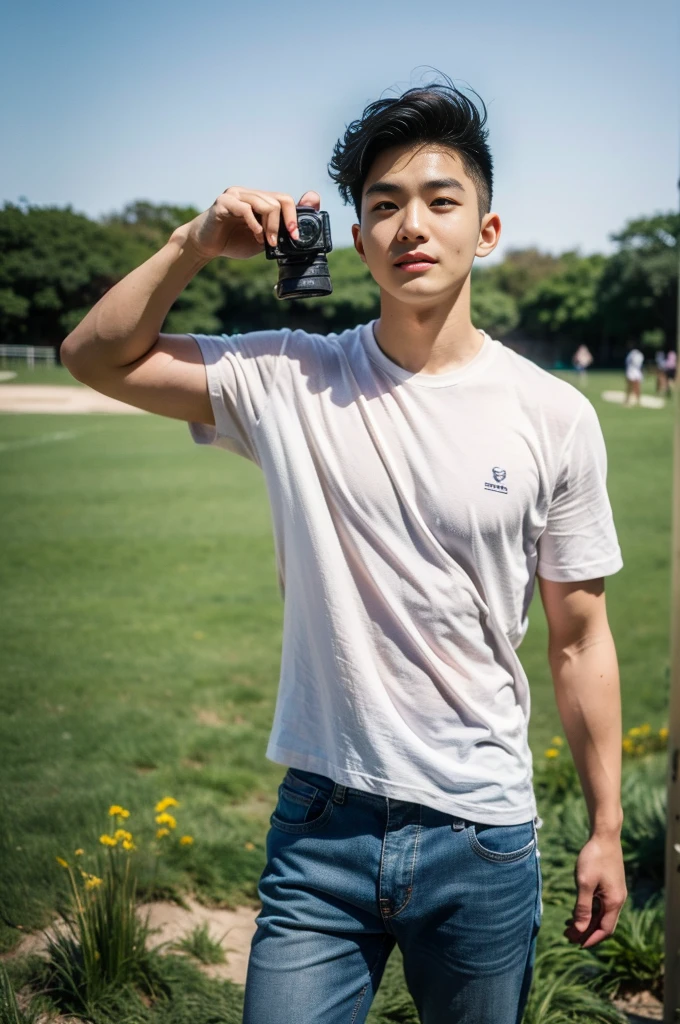 Young Korean man in a white t-shirt and jeans, A handsome, muscular young Asian man looks at the camera. In a simple polo shirt white and red , Fieldside, grass, beach, sunlight, Carrying a camera