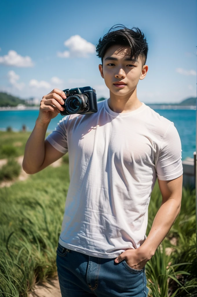 Young Korean man in a white t-shirt and jeans, A handsome, muscular young Asian man looks at the camera. In a simple polo shirt white and red , Fieldside, grass, beach, sunlight, Carrying a camera