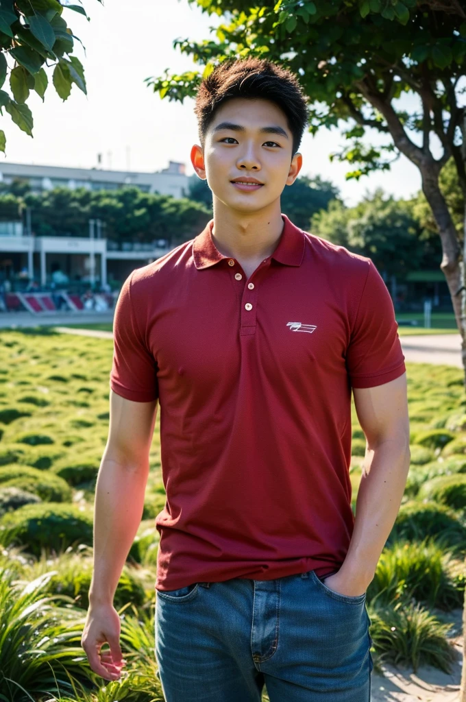 Young Korean man in a white t-shirt and jeans, A handsome, muscular young Asian man looks at the camera. In a simple polo shirt white and red , Fieldside, grass, beach, sunlight, Carrying a camera