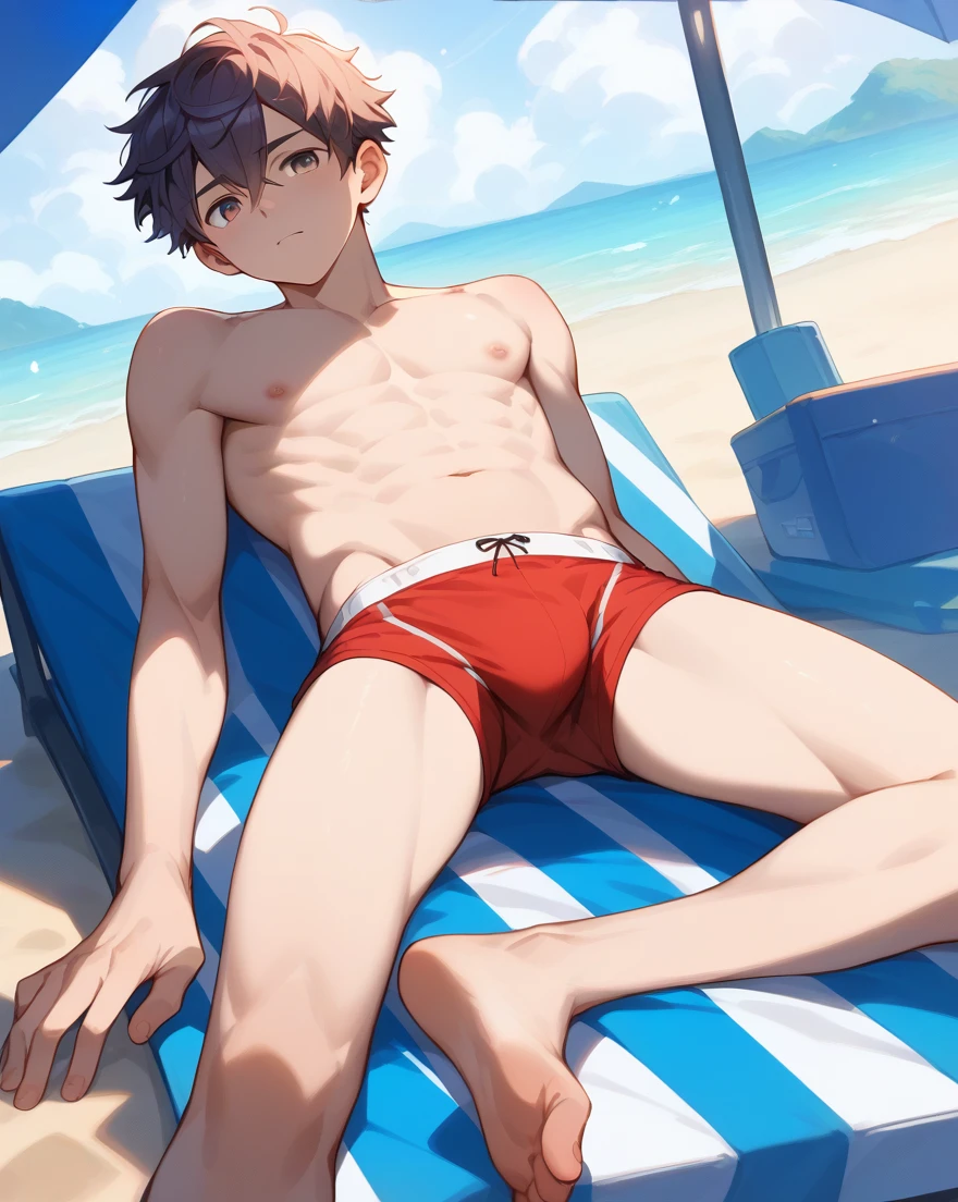 8k), RAW photo, best quality, (realistic, photo-realistic), 1male, fade cut hair, young man, gorgeous guys, cinematic lighting, volumetric lighting, flawless skin tones, cute Japanese boy,
hair between eyes, {{{masterpiece}}}, gorgeous guy, tall and lean figure, ectomorph, gorgeous face, cute face, high resolution, full body portrait, Japanese male, slender ectomorph body type, pale skin and good looks, Japanese male student in red Speedos laying on a beach cabana chair