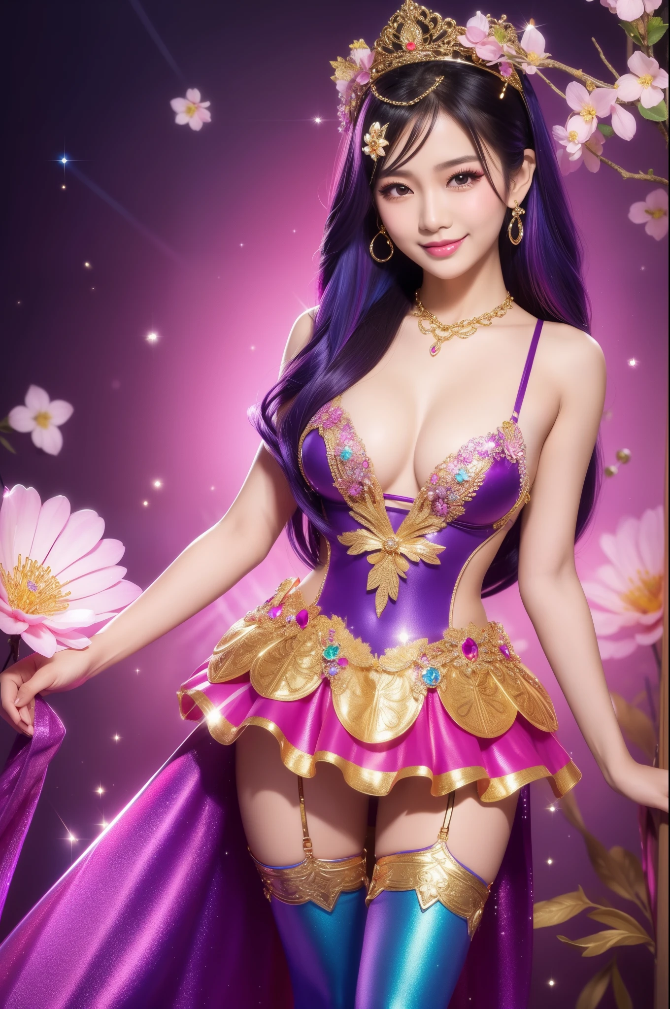 sexy Thai model who controls poison、beautiful smile、lip-gloss、long lashes、colorful metallic makeup、look at the camera、full body Esbian、、sparkling poisoned flower costume、、、、sparkling Colorful hair、secrete poison、skull hair accessories、sexy tights、shiny sparkling flowers background