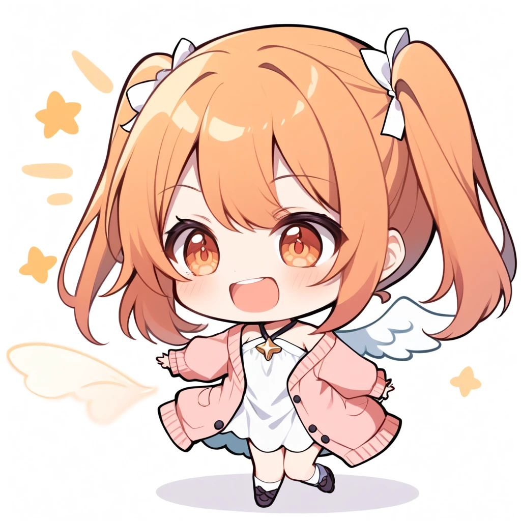 orange hair, orange eyes,girl,Pigtails with the ends tied up,laugh, chibi, little witch, 1 woman,halterneck,White dress,pink cardigan,panties,Angel Wings