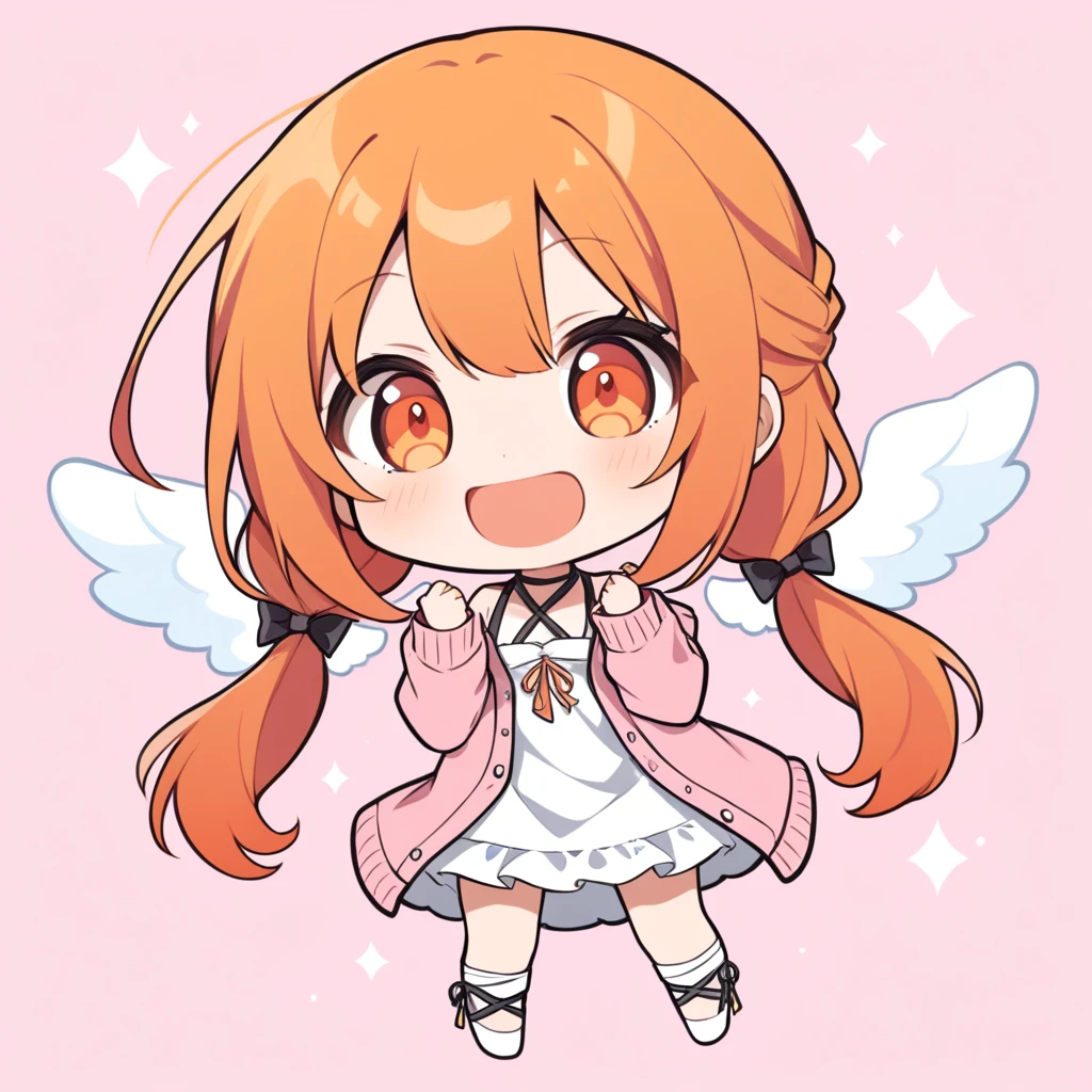 orange hair, orange eyes,girl,Pigtails with the ends tied up,laugh, chibi, little witch, 1 woman,halterneck,White dress,pink cardigan,panties,Angel Wings