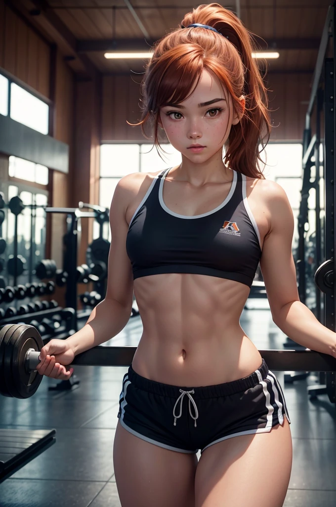 female, 18 years old, realistic, wearing sport, wearing short gym shorts, beautiful, detail face, working out in gym, small breasts, small frame, auburn hair, an ultra-high picture quality, high-detail