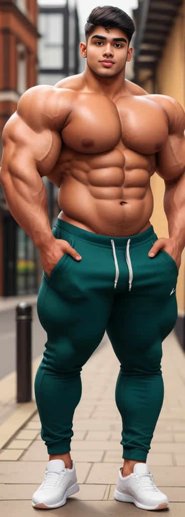 4 meter tall slightly overweight indian men. 20 years old. Childish Young hairless fresh face. In london with friend. Very sexy Posing for camera. Muscular. Wearing a henley and tight sweat pants. Big ass. Smooth body and face. Belly seen. Long long legs.