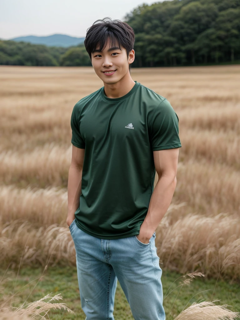 独奏: 1.5, (As a matter of fact, Masterpiece, 8k HD, good light quality, sportswear, fit the face, complicated details), A handsome Korean young man with muscular arms. , 20 years old, be happy, smile brightly, detailed face, delicate eyes, look at the sky, Wear a tight green t-shirt.:1.6 ,Wear a denim coat., jeans period, black eyes, Black hair color, ผมsmooth, smooth，Surreal，Awesome details，Highest quality，real，Open your mouth to talk. , Close your eyes., (standing in the grass:1.5)