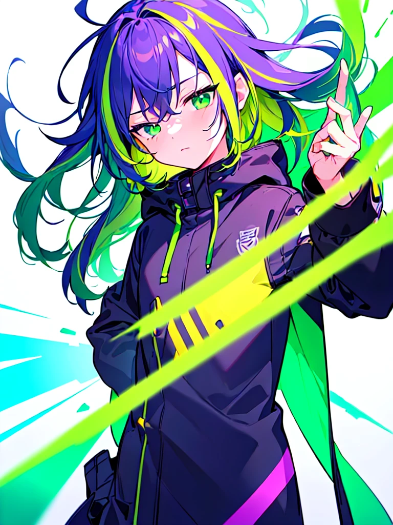 [(WHITE BACKGROUND:1.5),::5], ((((masterpiece)))), high quality, ultra very high resolution, full color, (((solo))), ((little boy)), Purple hair, ((Green streaked hair)), (Green eyes), anime, ((upper body)), neon light, black parka, 