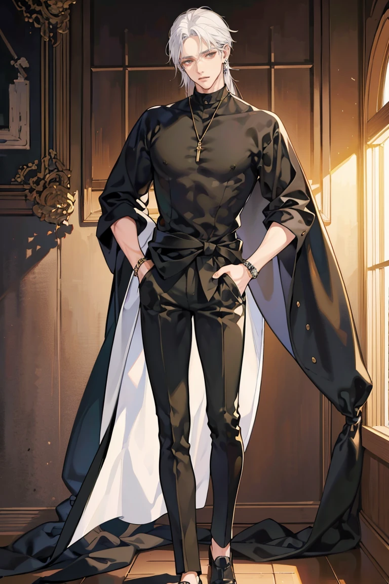 (masterpiece), best quality, seductive eyes, perfect face, handsome man, brown eyes, long tied white hair, long nose, tan skin, plain black t-shirt, black fitted pants, extremely tall man, long legs, long calves, full body, tall man, long legs, anime cover, 1boy, ear piercings, hands in pockets, adult-like look