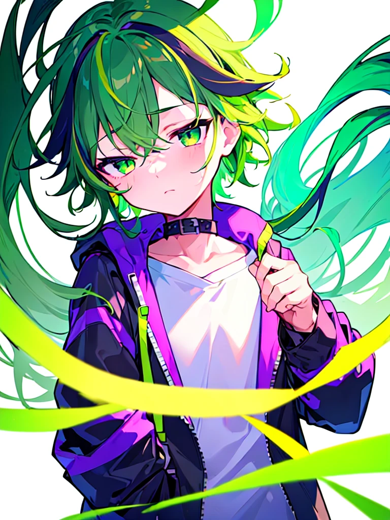 [(WHITE BACKGROUND:1.5),::5], ((((masterpiece)))), high quality, ultra very high resolution, full color, (((solo))), ((little boy)), Purple hair, ((Green streaked hair)), (Green eyes), anime, ((upper body)), neon light, black parka, 
