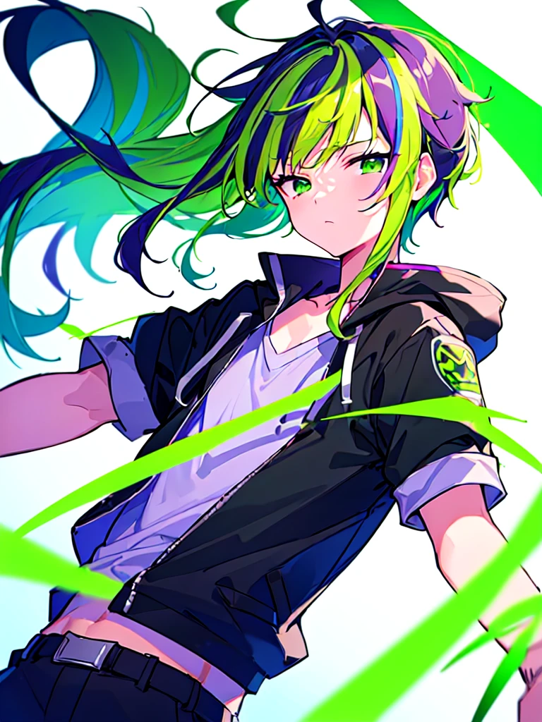 [(WHITE BACKGROUND:1.5),::5], ((((masterpiece)))), high quality, ultra very high resolution, full color, (((solo))), ((little boy)), Purple hair, ((Green streaked hair)), (Green eyes), anime, ((upper body)), neon light, black parka, 