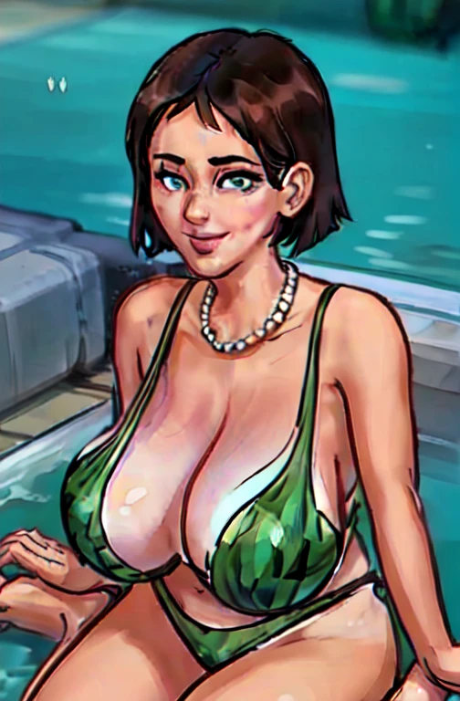 (work of art), best qualityer, expressive eyes, face perfect, 1 girl, breastsout, massive breastsout, standing alone, Abdomen, short green hair, pretentious smile, tatsumaki, mature woman, sensuous, milf, swimpool, gazing at viewer, calm, full body shot shot, perfects eyes, face perfect, swimsuit wear, Bare feet, thicc thighs, neckleace, sfm, (watermelon print:1.2) 比基尼,