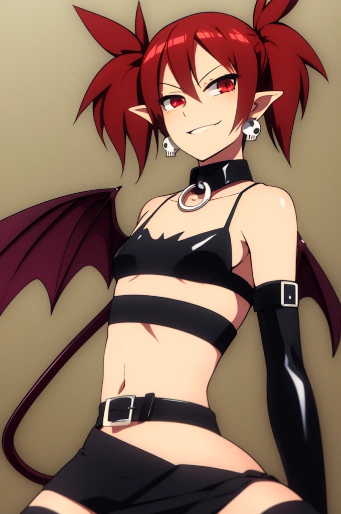 Etna, red hair, twintails, pointy ears , flat chest, gloves, jewelry, choker, thighhighs, black elbow gloves, belt , miniskirt , boots, bare shoulders, midriff, bra, skull earrings, small bat wings on upper back, demon tail, 1girl, solo, facing viewer, looking down at viewer, laugh at,too evil smile,too evil smirk,looking down at viewer,upper body,smile bad,deep shaded face,evil fall,latex elbow gloves,latex thighhigh boots,
