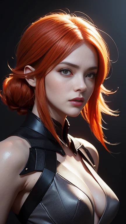 A beautiful woman with porcelain skin and fiery orange hair wears a sleek, high-tech jumpsuit in a mesmerizing fusion of light gray and burnt orange hues, evoking a futuristic cyberpunk manga aesthetic. Loosely brushed paint strokes and kinetic lines energize the composition, while intricate mechanical designs and neon accents embellish the suit, immersing the viewer in a world of high-tech noir. Up close, her charming, expressive features and captivating gaze draw us in, set against a backdrop of soft, gradient blues and misty purples that evoke a sense of mystery and allure.