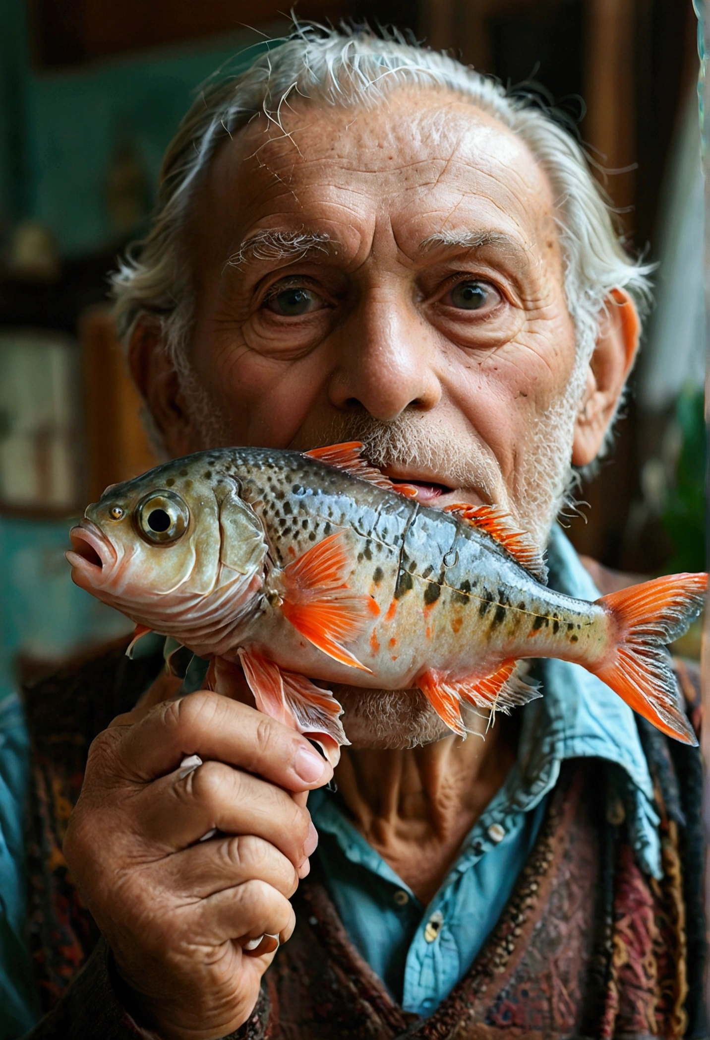 A grandfather is holding a penis-shaped fish