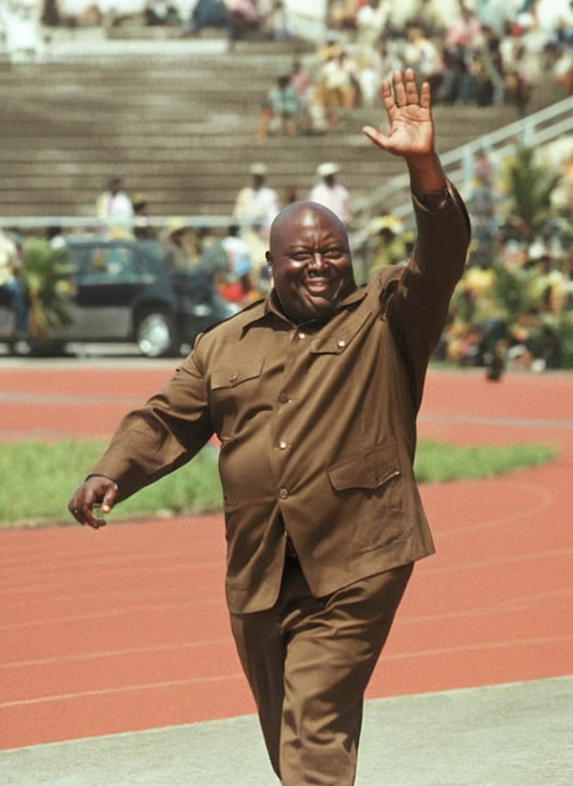araffe man in brown suit walking on a track with his hand up, huell babineaux, triumphant pose, a bald, waving, version 3, ivan seal, waving arms, photograph credit: ap, robert kinoshita, president, by Bernard Meninsky, [ realistic photo ]!!, gorilla, kasai, yan gisuka, internet meme