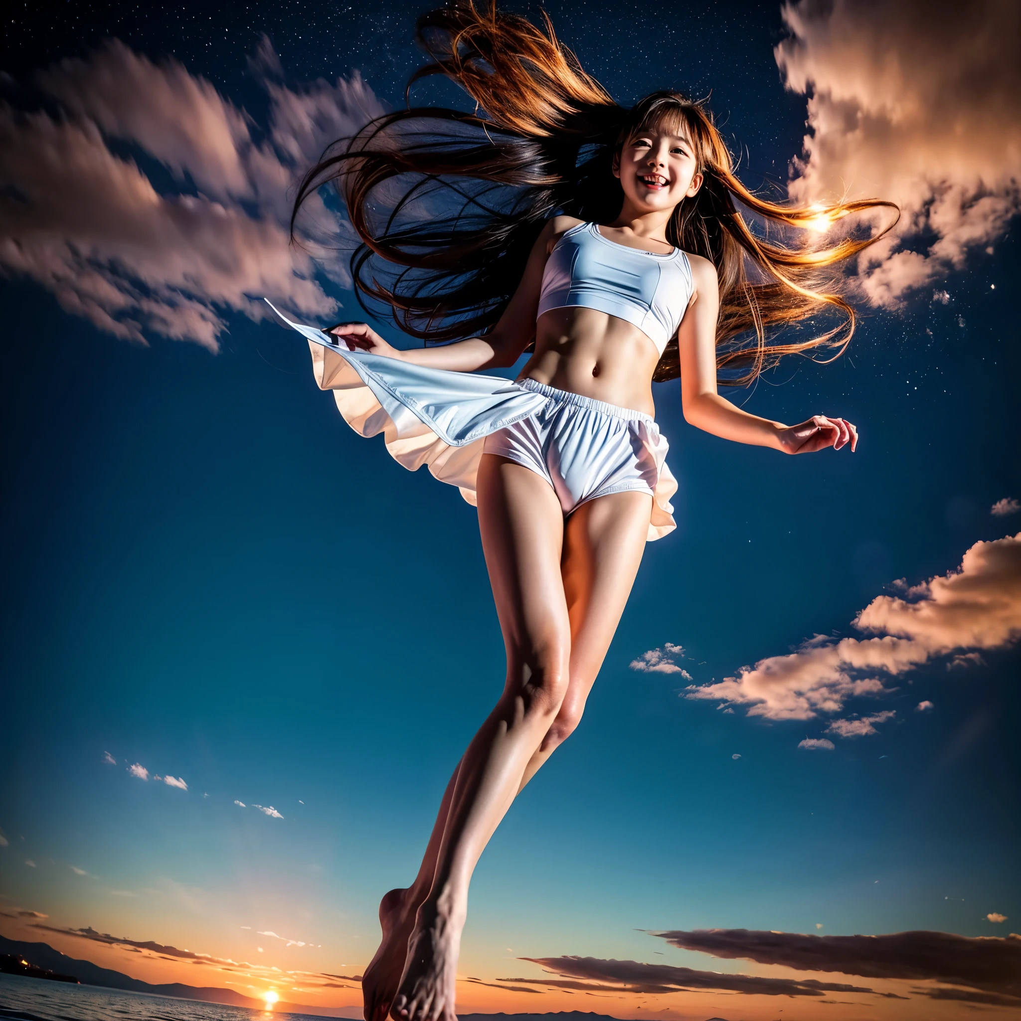 ((ExtremelyDetailed ( KAWAII Girl Floating:1.37) in WHITE at Dusk Enoshima Beach)), (masterpiece 8K TopQuality) (ProfessionalPhoto:1.37), {(Standing Full Body:1.2)|(from below:1.2)}, Different types of hair colors, {(White skinny(School Swimwear))|(SchoolUniform) with Tiny AthleticShorts}, {Corrected Childish hand|Hidden hand|Armpit|Different types of breasts|(Clearly Visible the shape of Butt)}, Joyful Expressions LifeLike Rendering, PerfectLighting, Dazzling Horizon {Colorful Clouds | Starry IridescentParticles} VolumetricLighting (Acutance:0.8)