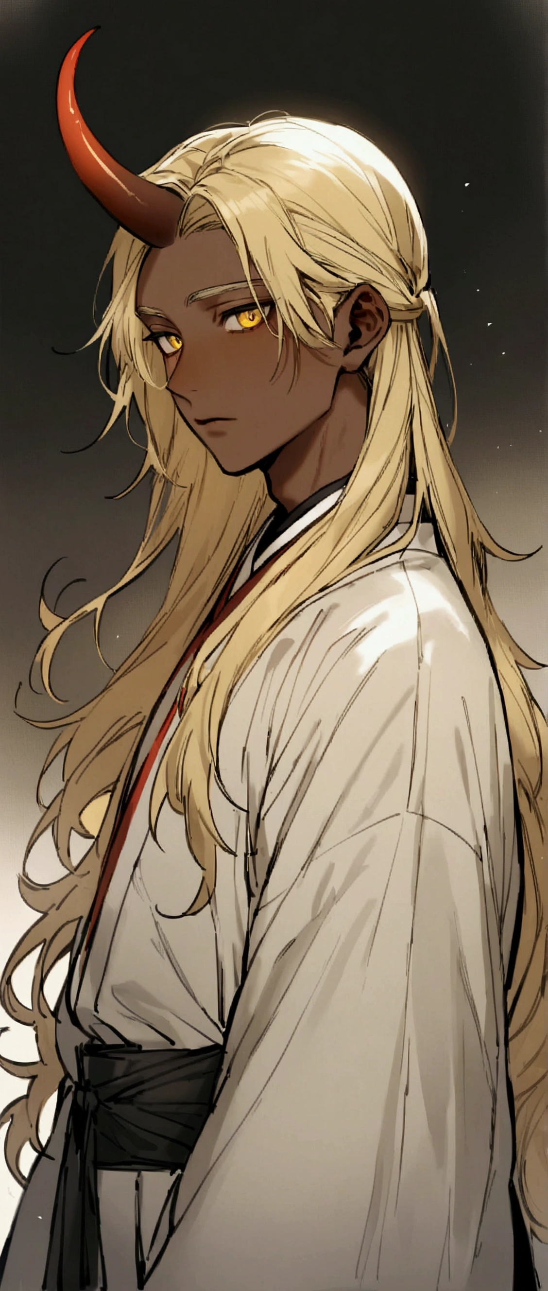 One Man,Beautiful young man with blond hair and dark skin, 20-year-old, Yellow Eyes, length, Silky Hair,A single red horn grows from the right side of its head...., Wearing traditional Korean clothing,He has his bangs down,
