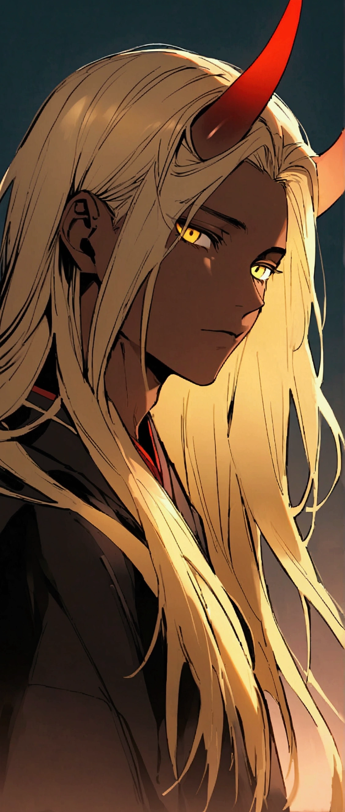One Man,Beautiful young man with blond hair and dark skin, 20-year-old, Yellow Eyes, length, Silky Hair,A single red horn grows from the right side of its head...., Wearing traditional Korean clothing,He has his bangs down,