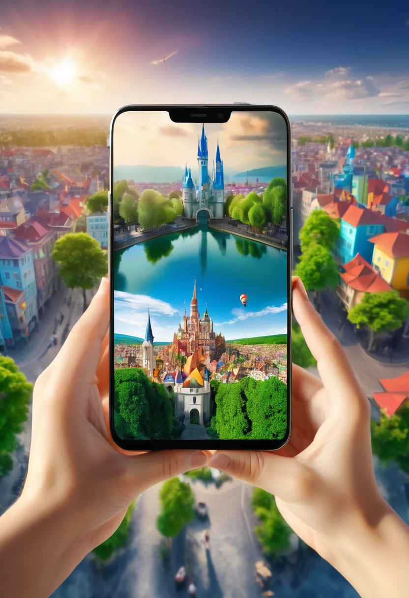 It's very realistic, with a smartphone in your hand and a google map displayed on the smartphone screen, There is a part of a magical city that looks like a fairy tale in the depths of the image, The outline of the world appears blurry, outdoor