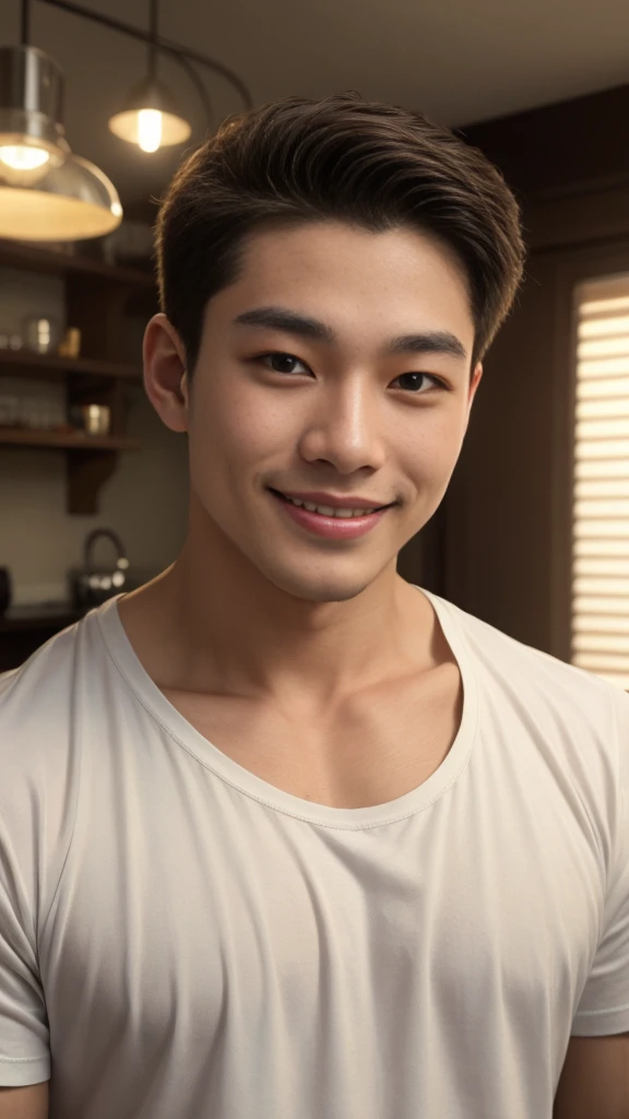 ((Highest quality, 8K, Masterpiece: 1.3))、Cool Thai man, 1A man who has、 yo、Good appearance、Beautiful nose、smile、 Detailed eyes and face、beautiful light、(studio)、high resolution、(Look at the viewer.)、Fine mouth、smile、whole body: 1.5, perfect shape: 1.3, Picture of both shoulders:1.3, White round neck t-shirt:1.5