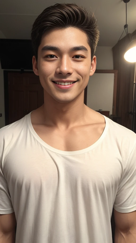 ((Highest quality, 8K, Masterpiece: 1.3))、Cool Thai man, 1A man who has、 yo、Good appearance、Beautiful nose、smile、 Detailed eyes and face、beautiful light、(studio)、high resolution、(Look at the viewer.)、Fine mouth、smile、whole body: 1.5, perfect shape: 1.3, Picture of both shoulders:1.3, White round neck t-shirt:1.5