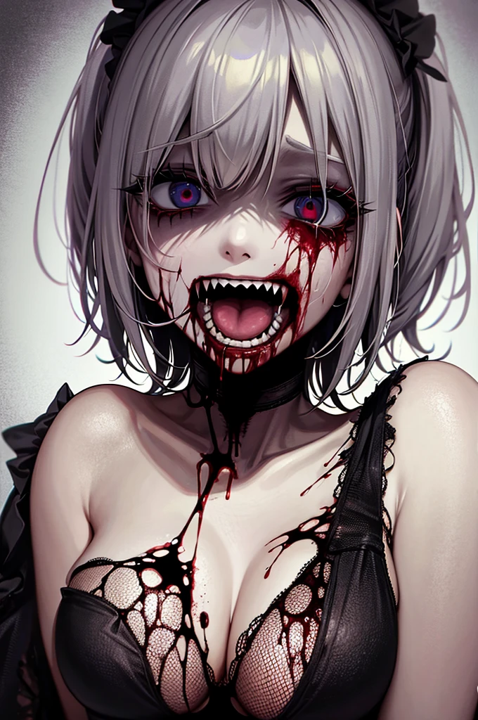 rotten human zombie with torn clothes grayish skin veins on the face black skull appearance white eyes