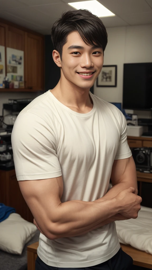 1 man in the middle of the picture, smile, (Wear a dark navy round neck shirt., short sleeve shirt ยี่ห้อ under armor), (jeans), (Korean people) , korean men, (Realistic lighting), looking at the audience, Balancing eye contact), in the coffee shop, cafe
