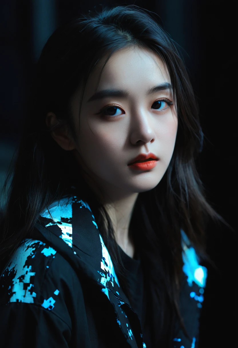 (Front focus),(in the darkness:1.6),, (masterpiece, Top quality, the best, Official Art, beautiful and aesthetic:1.2),(masterpiece, Top quality, the best quality, Official Art, beautiful and aesthetic:1.2),(masterpiece, Top quality, the best quality, Official Art, beautiful and aesthetic:1.2), 1 Girl, Glitch Art, (Digital Distortion), Pixelate fragments, Data corruption,Colored Noise, Visual confusion,Contemporary Aesthetics