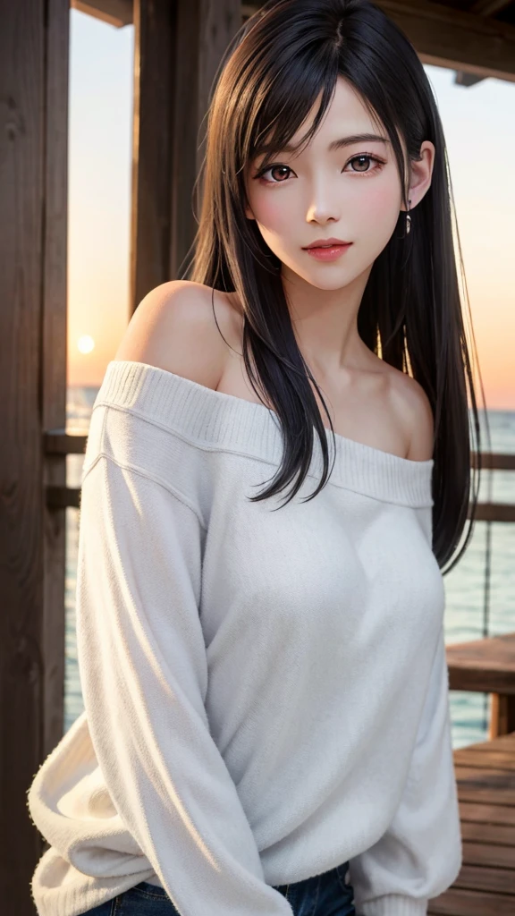 {Top Quality, Masterpiece}, (Realistic: 1.3), Wallpapers, ultra high res, ultra high quality, BREAK {{{FF7,Tifa_lockhart, solo}}},{Ultra-detailed face, Detailed Red eyes},(black Brown Hair, Large breasts: 1.0),(Imaginative Macanese Female Page, background is Unique seaside, at Sunrise), BREAK {wearing oversized loose sweater, off shoulder, Exquisite cloth, white Clothes}, clothed, (No Bra) ,(shiny oiled skin: 1.1), about 18 years old, BREAK {smile, kawaii},{{model pose}}, {{erotic eyes, erotic mouth, erotic face}}
